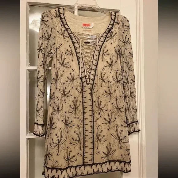 Free People Sicily Ivory beaded dress cream white statement beaded dress size 12 - Picture 2 of 7